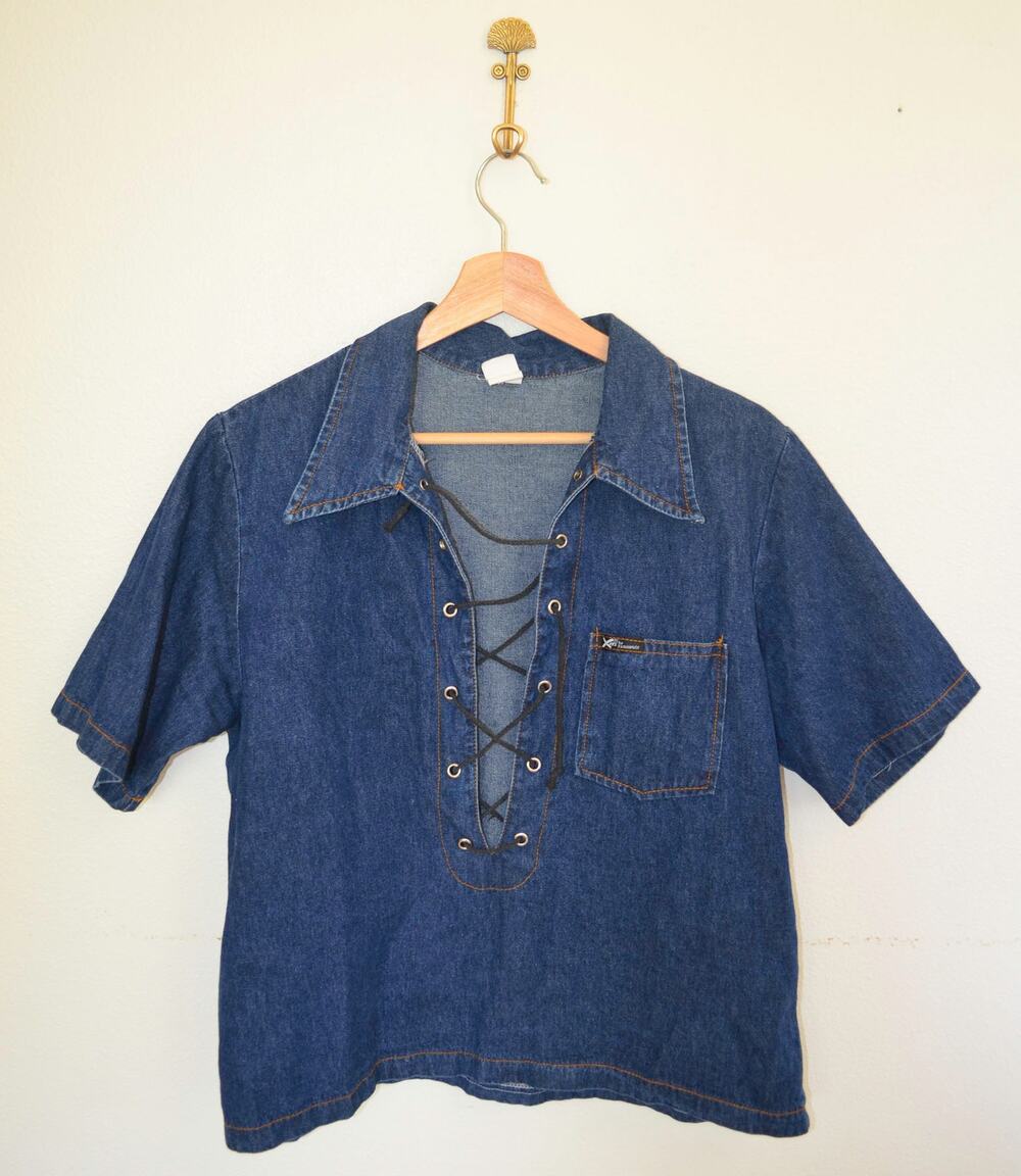 Denim Short Sleeve Lace Up Collared Top Short Sleeve